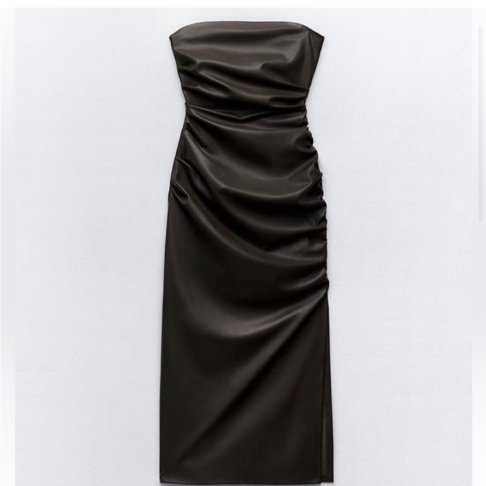 NWT ZARA Strapless Faux Leather Dress with Runch and Slit MEDIUM